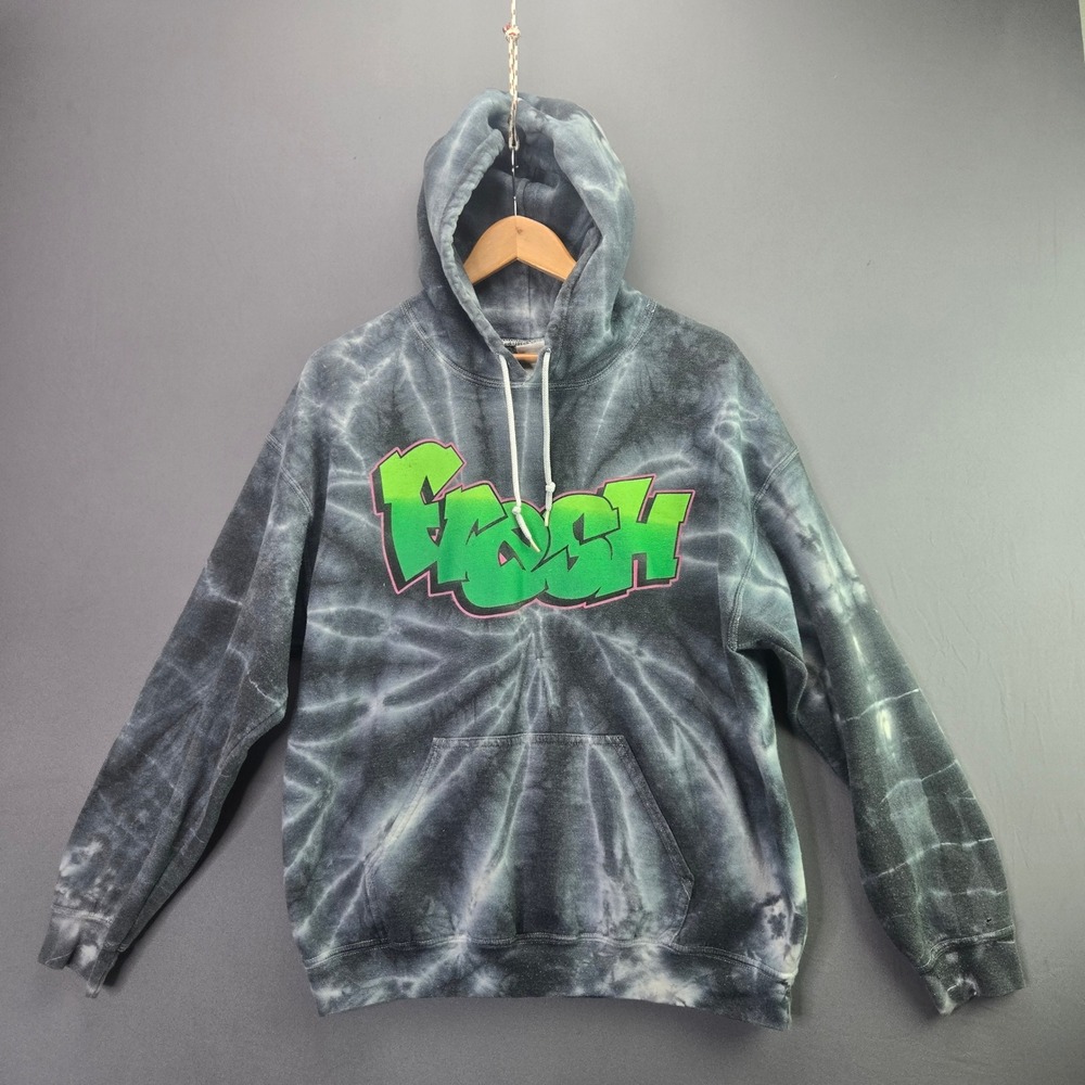 Fresh Hoodie Tie Dye Gray Green Graffiti Graphic Sweatshirt Mens L Streetwear